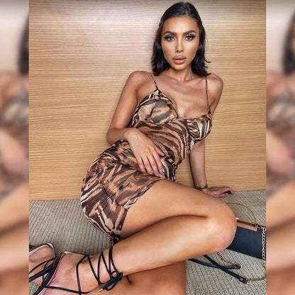 Low Cut V-Neck Sexy Leopard Ruched Dress Sleeveless Summer Sling Backless Slim Mini Dresses Street Casual Wear