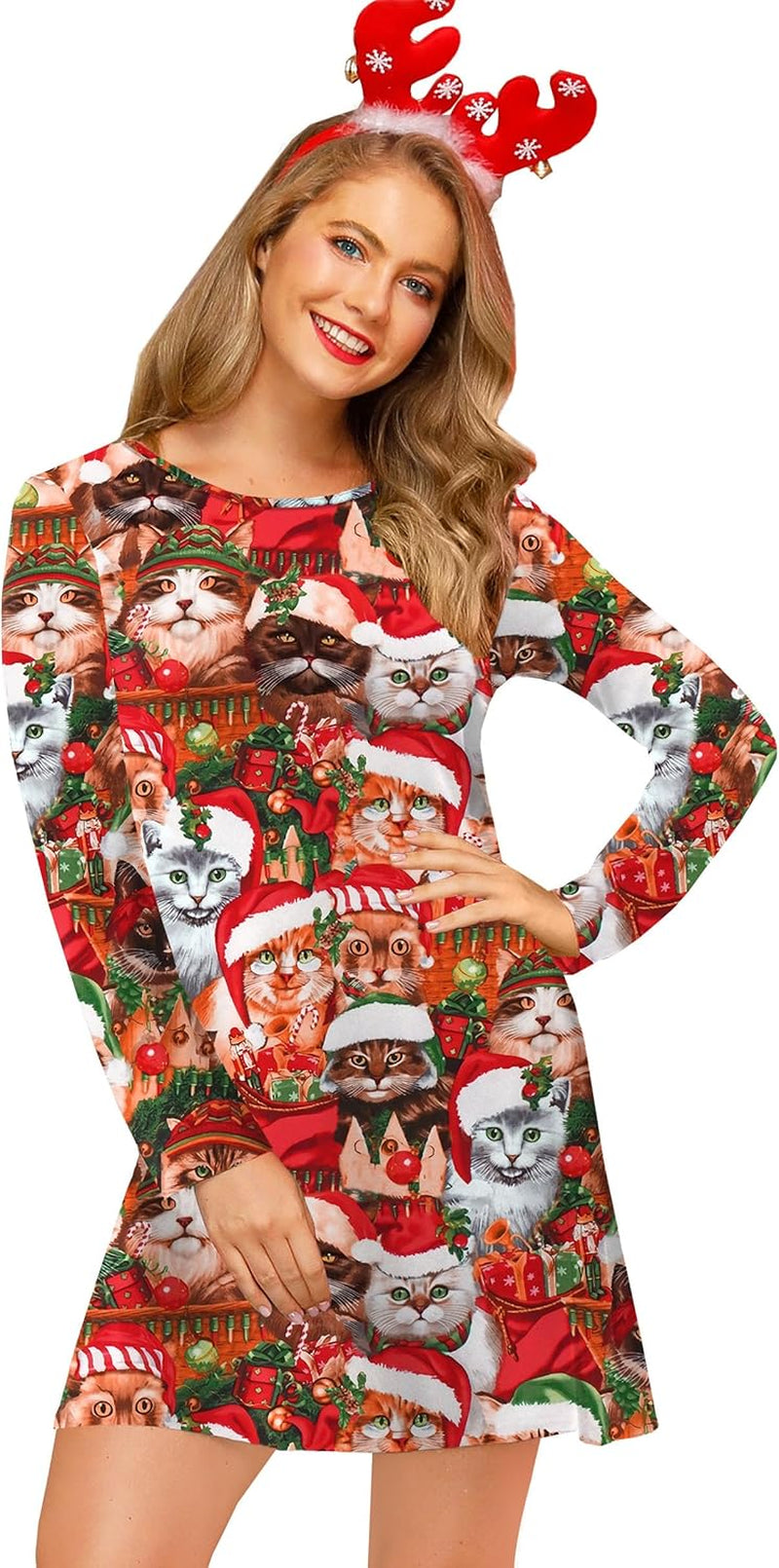 Women'S Christmas Printed Tunic Dress Long Sleeve Crewneck Casual Costume