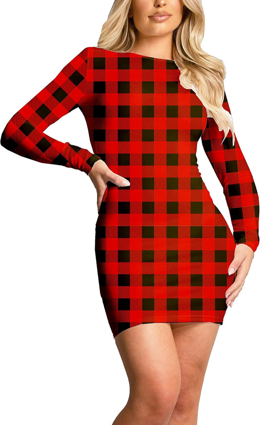 Women Christmas Red Plaid Dresses Winter Party Holiday Slim Fit Ugly Dress L