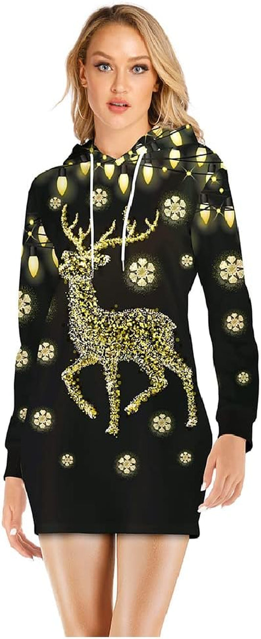 Women Christmas Hoodies Dress Casual Long Sleeve Ugly Xmas Reindeer Sweatshirts Dress