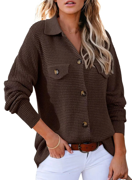 Astylish Women's Casual Waffle Knit Shacket Coffee