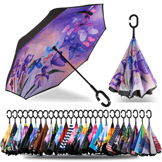 SIEPASA Inverted Blue Butterfly Golf Umbrellas with C-shape Handle