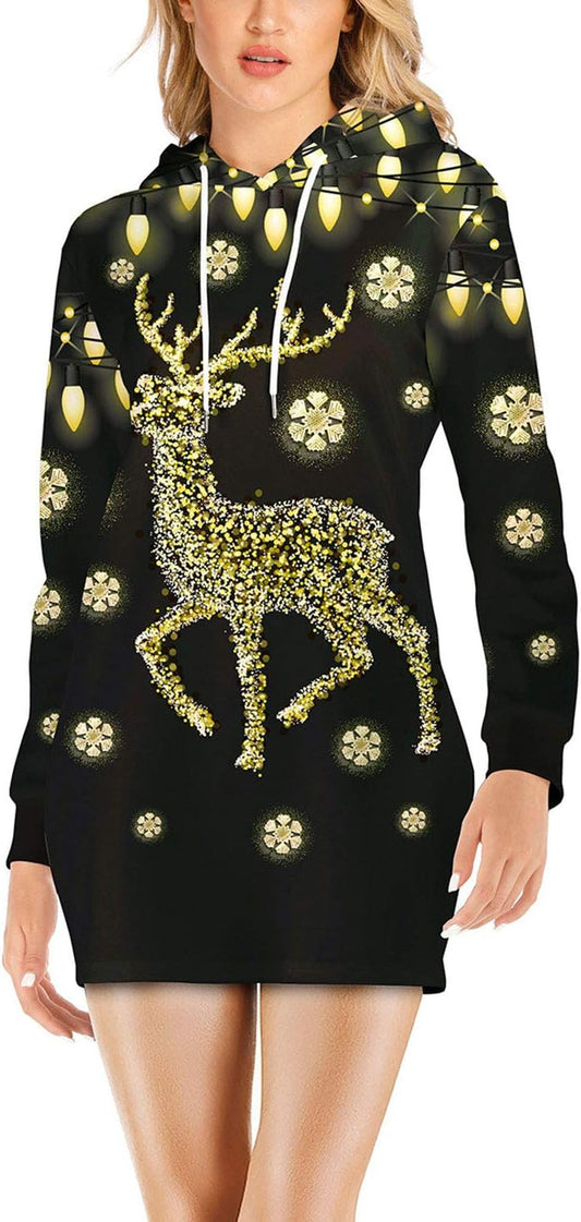 Women'S Reindeer Bodycon Hoodie Dress Christmas Printed Tunic Dress 2XL